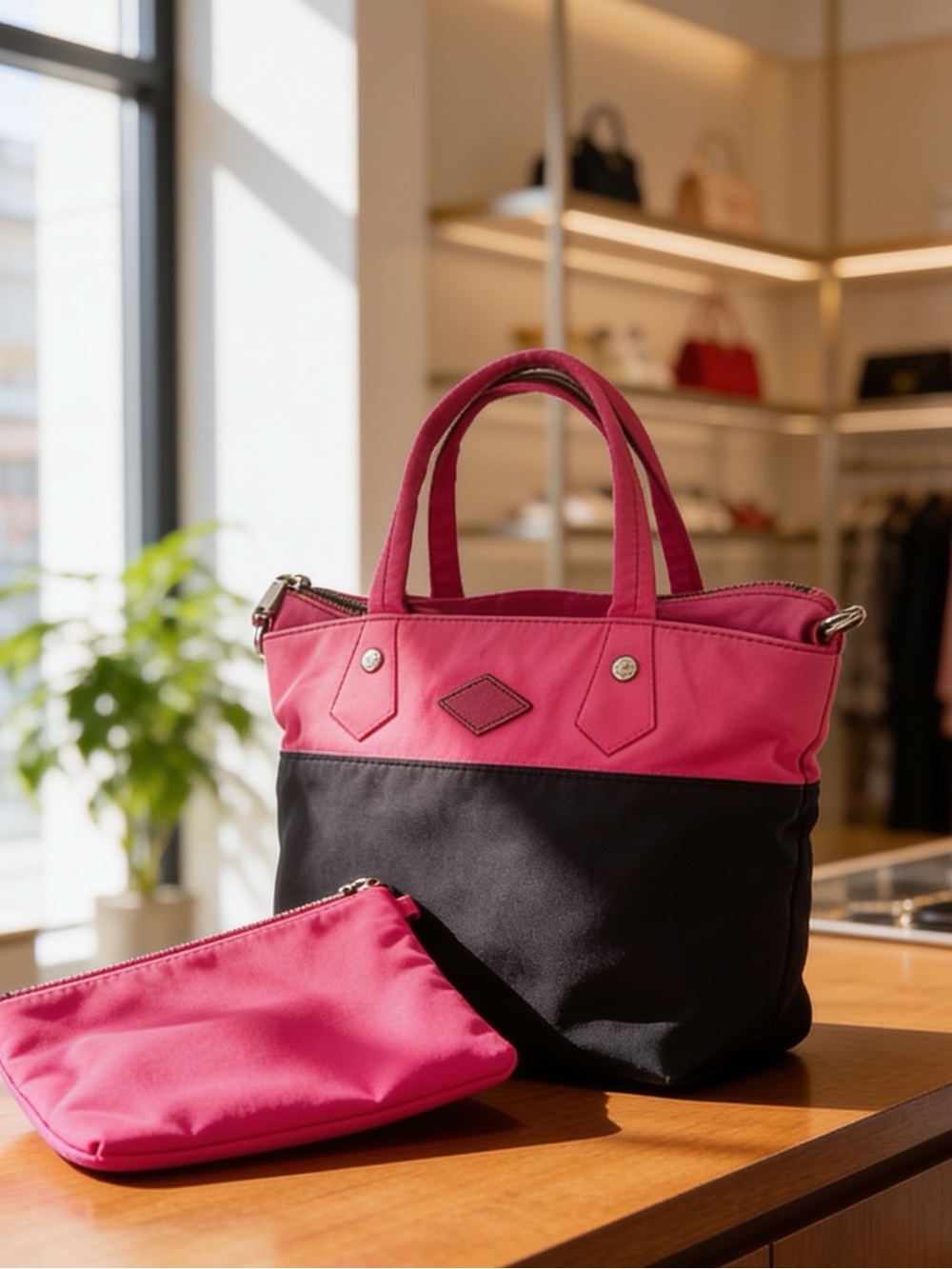 MZ Wallace Mini Soho Tote Punch Pink Upper & Deep Navy Lower Mint